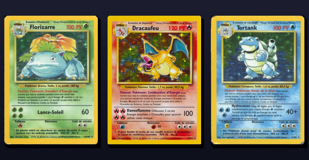Holograficzne Venusaur, Charizard i Blastoise z Pokémon Base Set z 1999 roku